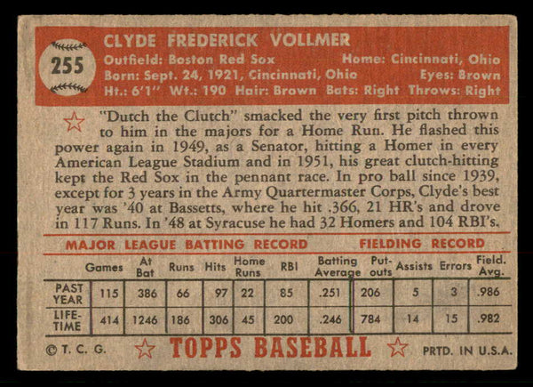 1952 Topps Baseball #255 Clyde Vollmer Red Sox VG-EX 547630