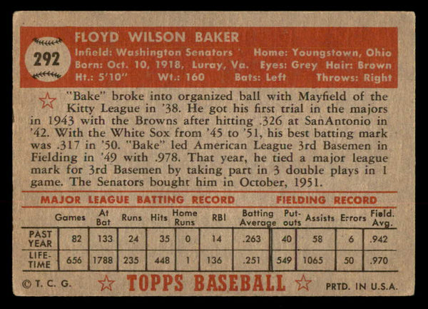 1952 Topps Baseball #292 Floyd Baker Senators VG-EX 547639