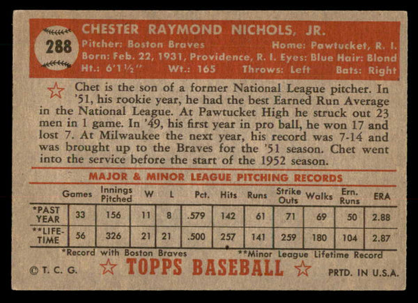 1952 Topps Baseball #288 Chet Nichols Braves VG-EX 547640