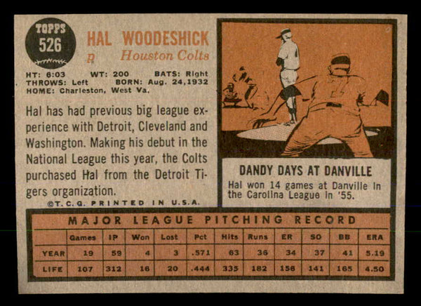 1962 Topps Baseball #526 Hal Woodeshick Colt .45s EX-MT 547695