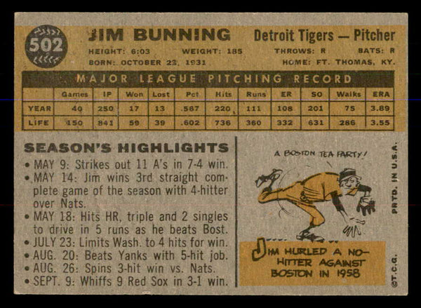 1960 Topps Baseball #502 Jim Bunning Tigers EX-MT 547835