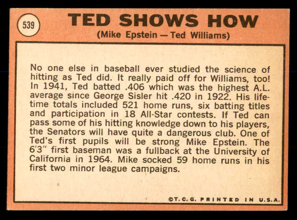 1969 Topps Baseball #539 Ted Williams Mike Epstein EX+/EX-MT 547846