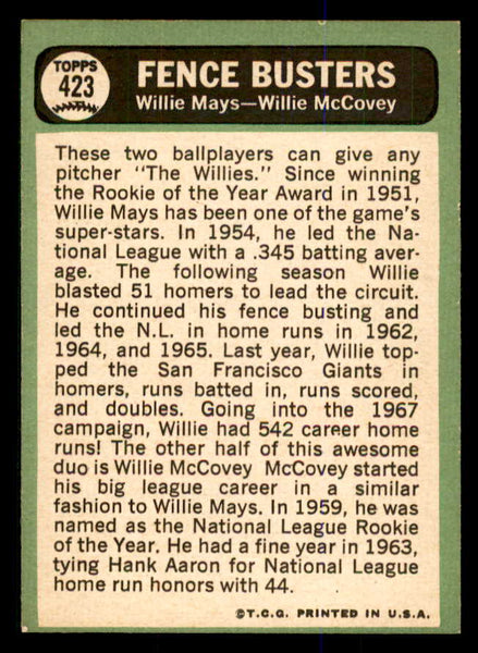 1967 Topps Baseball #423 Willie Mays Willie McCovey EX-MT 547862