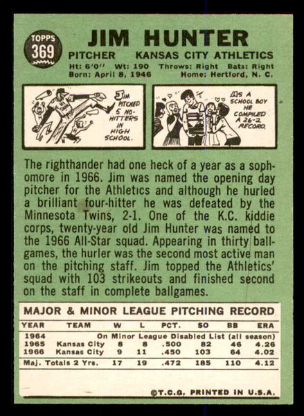 1967 Topps Baseball #369 Catfish Hunter A's EX-MT 547864