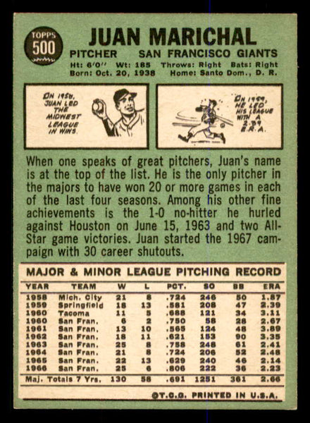 1967 Topps Baseball #500 Juan Marichal Giants EX-MT 547878