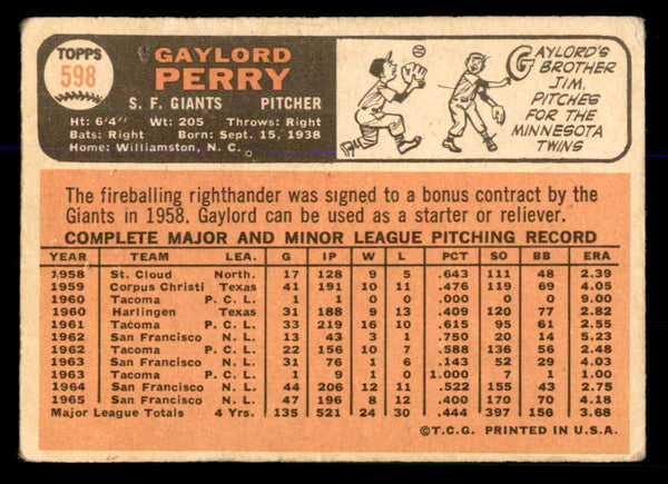 1966 Topps Baseball #598 Gaylord Perry Giants VG 547884