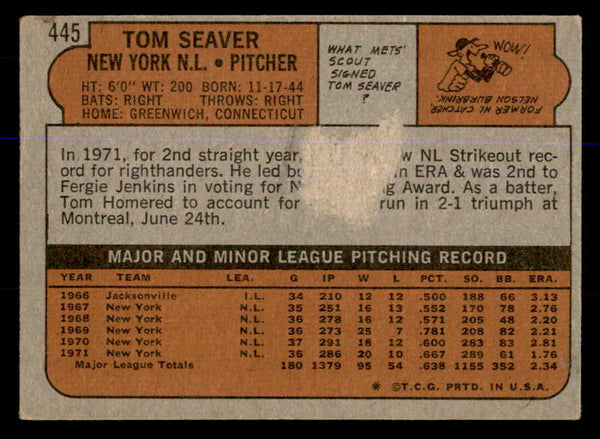 1972 Topps Baseball #445 Tom Seaver Mets Good back damage 547887