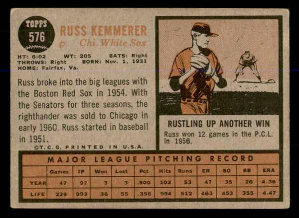 1962 Topps Baseball #576 Russ Kemmerer White Sox VG-EX 548020