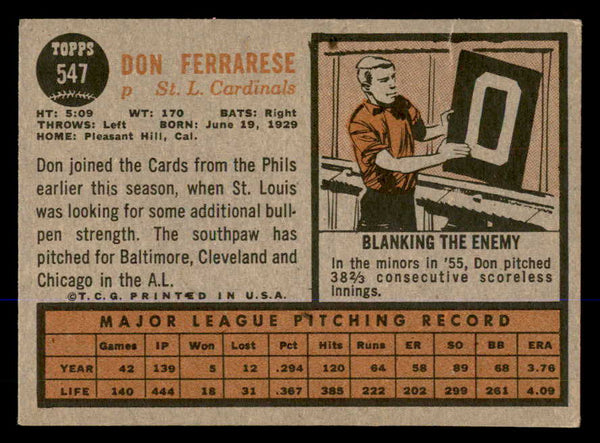 1962 Topps Baseball #547 Don Ferrarese Cardinals VG-EX 548039
