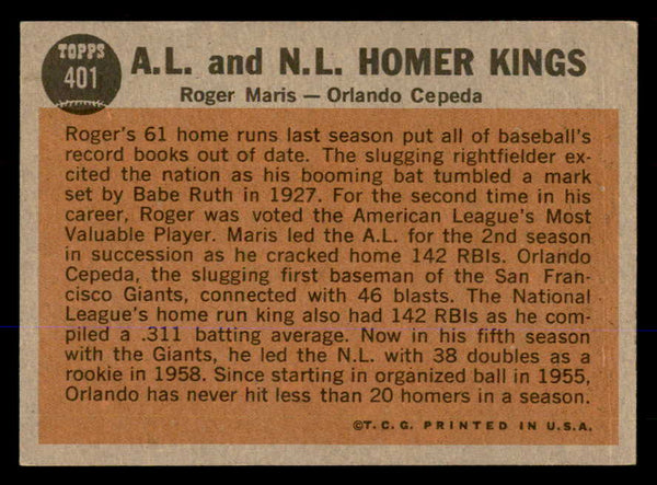 1962 Topps Baseball #401 Roger Maris Orlando Cepeda VG-EX 548047