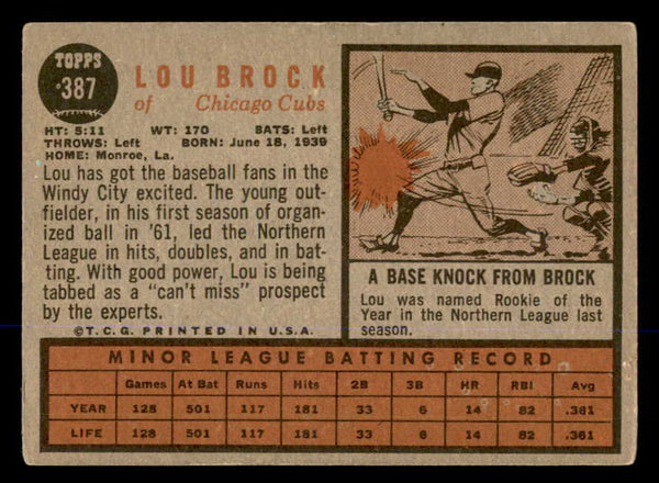 1962 Topps Baseball #387 Lou Brock Cubs VG-EX 548048