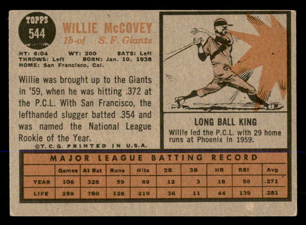 1962 Topps Baseball #544 Willie McCovey Giants VG-EX 548050
