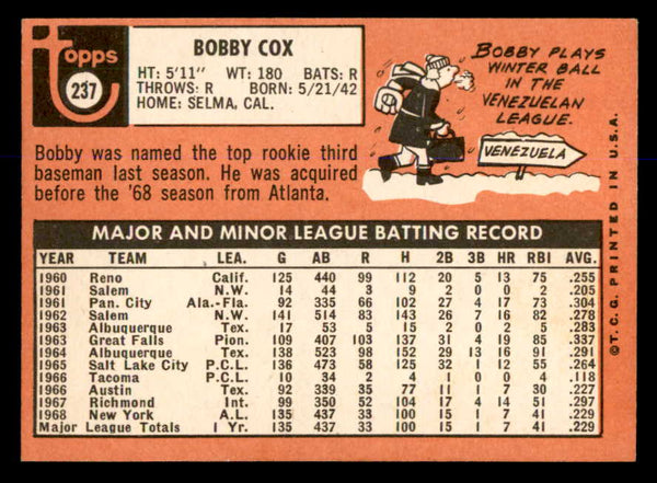 1969 Topps Baseball #237 Bobby Cox Yankees EX+/EX-MT 548076