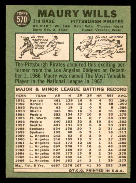 1967 Topps Baseball #570 Maury Wills Pirates EX-MT 548189