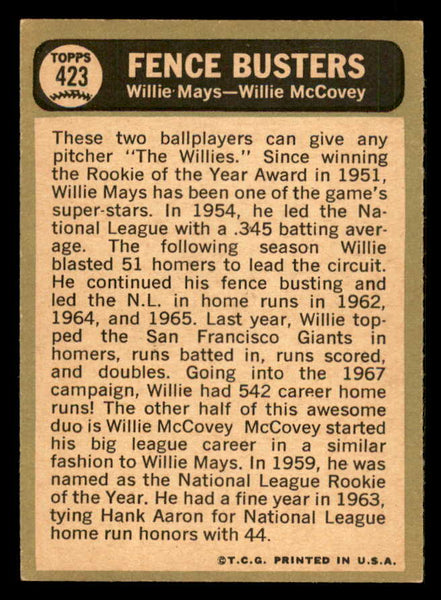 1967 Topps Baseball #423 Willie Mays Willie McCovey EX-MT 548192