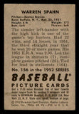1952 Bowman Baseball #156 Warren Spahn Braves VG-EX 548226
