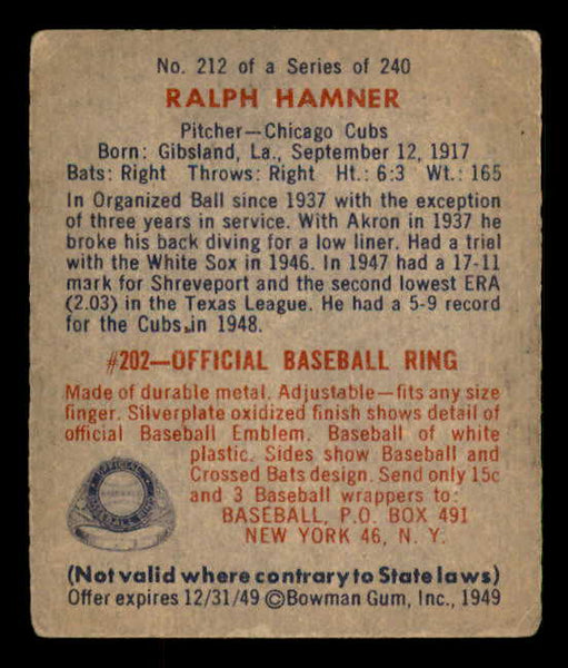 1949 Bowman Baseball #212 Ralph Hamner Cubs VG 548230