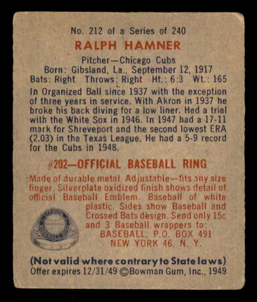 1949 Bowman Baseball #212 Ralph Hamner Cubs VG 548231