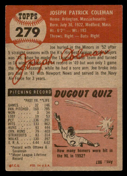 1953 Topps Baseball #279 Joe Coleman A's EX-MT 548247