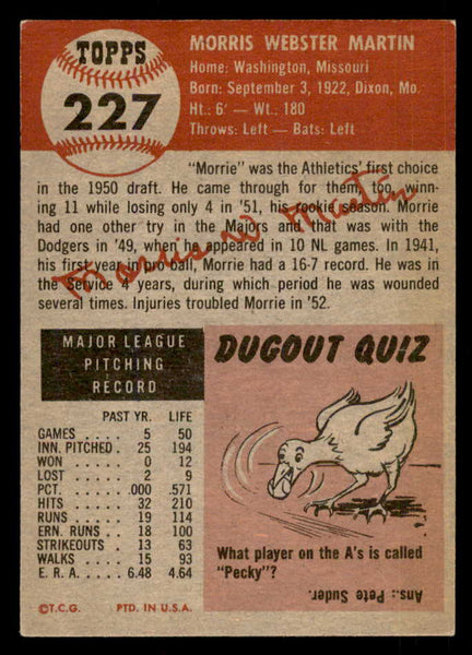 1953 Topps Baseball #227 Morrie Martin A's EX-MT 548263