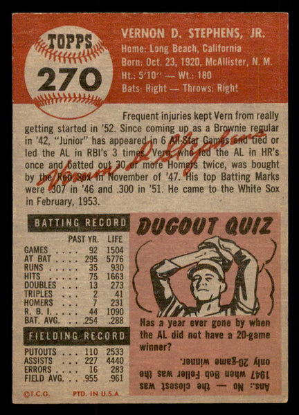 1953 Topps Baseball #270 Vern Stephens White Sox EX-MT 548269