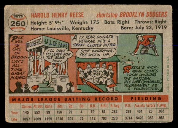 1956 Topps Baseball #260 Pee Wee Reese Dodgers VG 548277