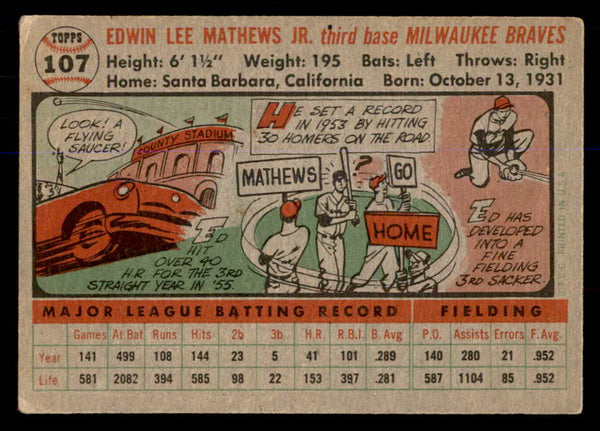 1956 Topps Baseball #107 Eddie Mathews Braves VG Gray 548278