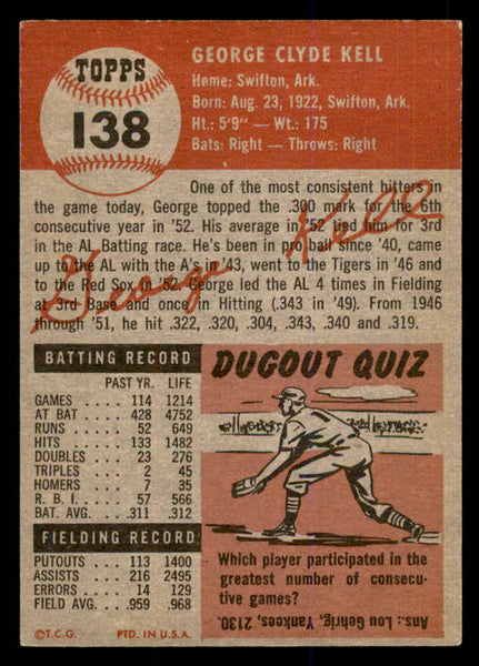 1953 Topps Baseball #138 George Kell Red Sox VG-EX 548294