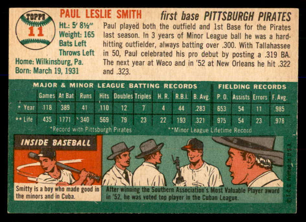1954 Topps Baseball #011 Paul Smith Pirates EX-MT 548306