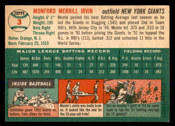 1954 Topps Baseball #003 Monte Irvin Giants EX-MT/NR-MT 548308