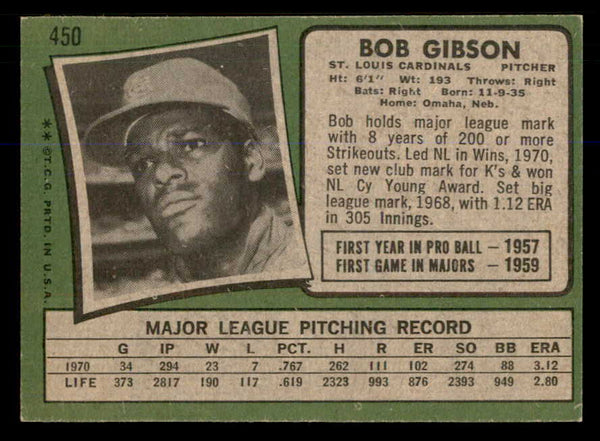 1971 Topps Baseball #450 Bob Gibson Cardinals EX-MT 548309