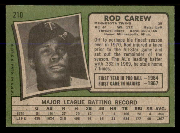 1971 Topps Baseball #210 Rod Carew Twins EX-MT 548312