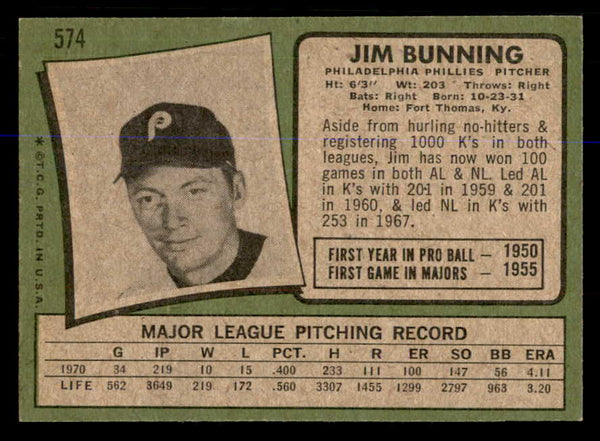 1971 Topps Baseball #574 Jim Bunning Phillies EX+/EX-MT 548323