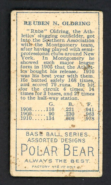 1911 T205 T 205 Rube Oldring A's VG 548418