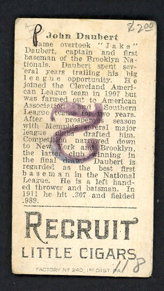 1912 T207 T 207 Jake Daubert Dodgers Good ink back 548465