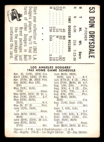 1962 Bell Brand #053 Don Drysdale Dodgers Fair 548576