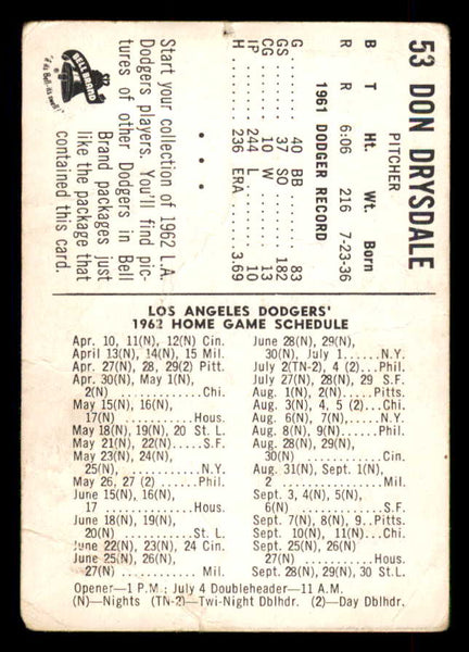 1962 Bell Brand #053 Don Drysdale Dodgers Fair 548577