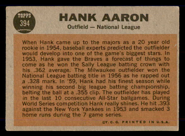 1962 Topps Baseball #394 Hank Aaron A.S. Braves VG-EX 548587