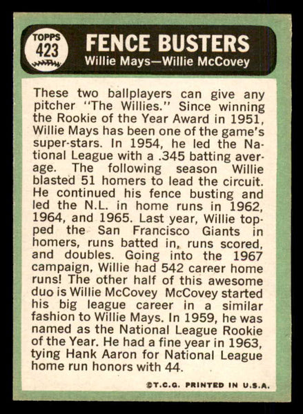 1967 Topps Baseball #423 Willie Mays Willie McCovey VG-EX 548624