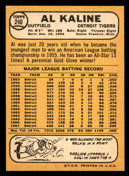 1968 Topps Baseball #240 Al Kaline Tigers NR-MT 548635