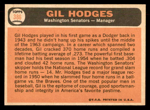 1966 Topps Baseball #386 Gil Hodges Senators EX-MT 548642