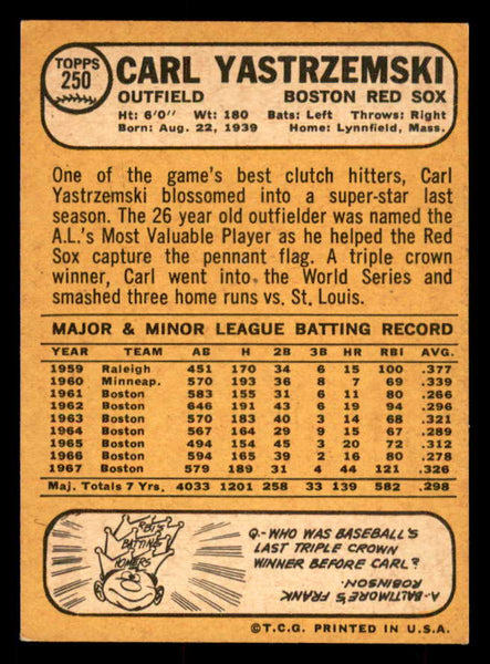 1968 Topps Baseball #250 Carl Yastrzemski Red Sox EX-MT 548663