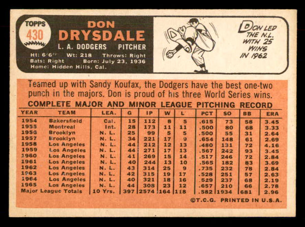 1966 Topps Baseball #430 Don Drysdale Dodgers EX 548706
