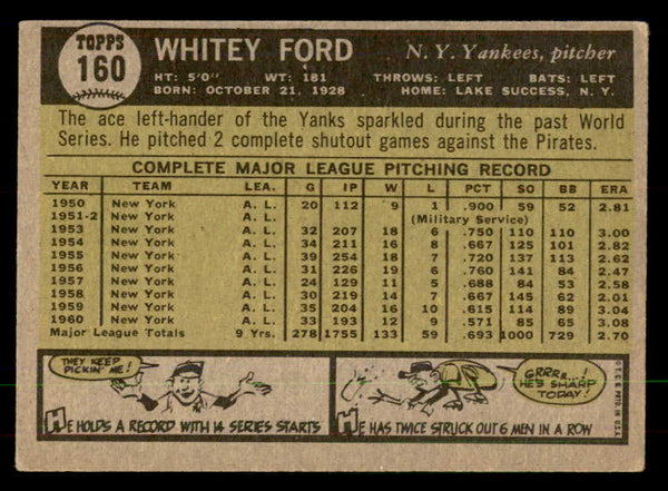 1961 Topps Baseball #160 Whitey Ford Yankees EX 548711