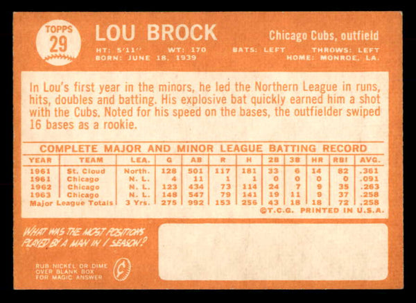 1964 Topps Baseball #029 Lou Brock Cubs EX 548718