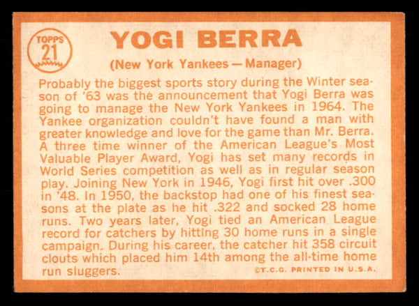 1964 Topps Baseball #021 Yogi Berra Yankees EX 548720