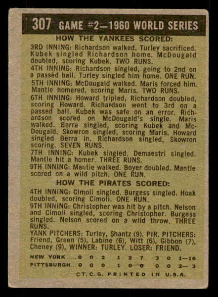 1961 Topps Baseball #307 World Series Game 2 Mickey Mantle VG 548765