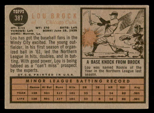 1962 Topps Baseball #387 Lou Brock Cubs VG 548774