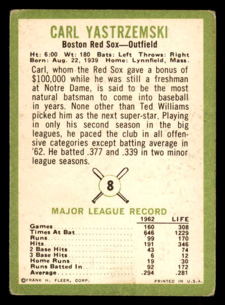 1963 Fleer Baseball #008 Carl Yastrzemski Red Sox VG 548778