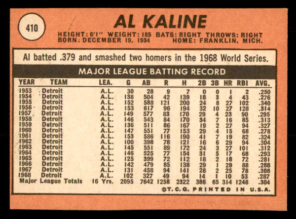 1969 Topps Baseball #410 Al Kaline Tigers VG 548803